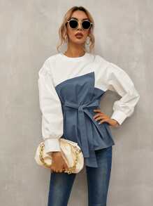 SHEIN LUNE Keyhole Back Belted 2 In 1 Top - Blue and White - View 4