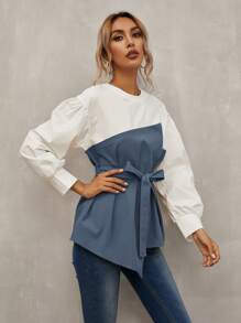 SHEIN LUNE Keyhole Back Belted 2 In 1 Top - Blue and White - View 5