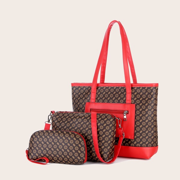 

3pcs Pocket Front Graphic Tote Bag Set, Red