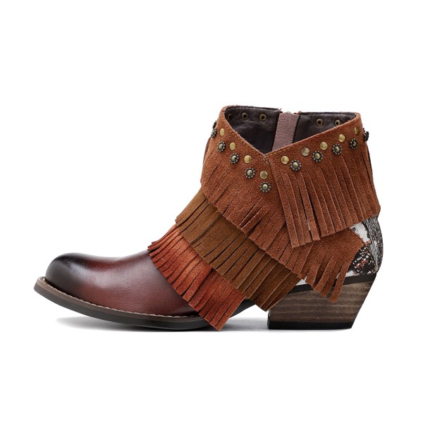 

Fringe & Studded Decor Leather Western Boots, Coffee brown