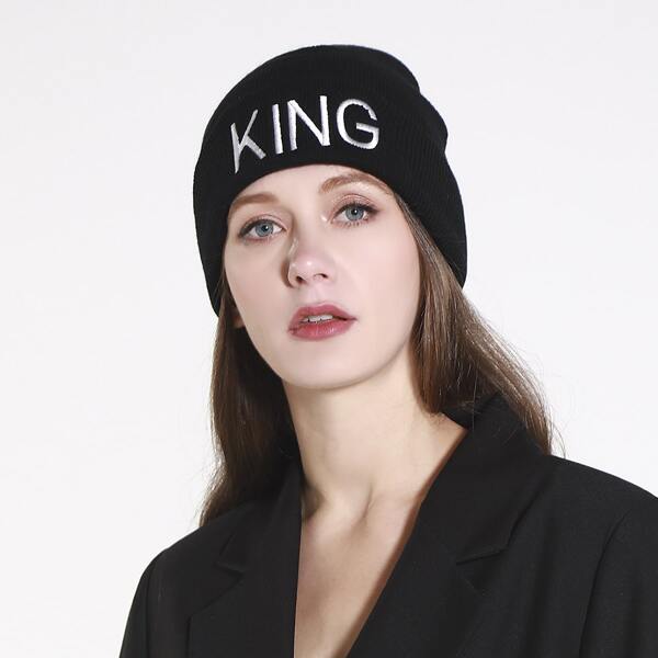 

Letter Embroidery Knit Beanie, Black