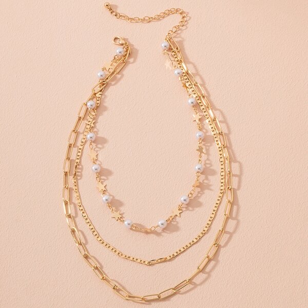 

Faux Pearl Decor Layered Necklace, Gold