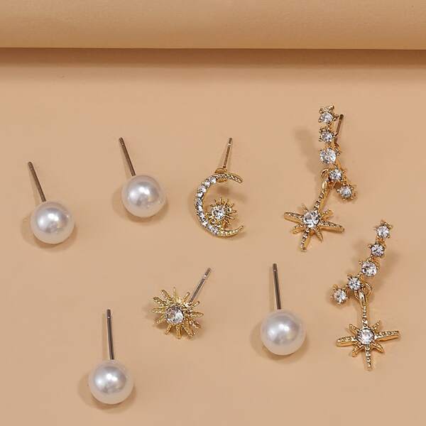 

4pairs Faux Pearl & Rhinestone Decor Earrings, Gold