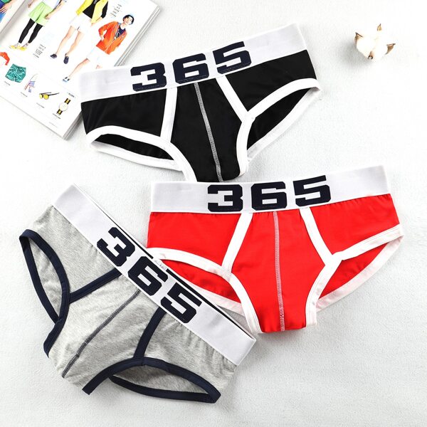 

Men 3pcs Letter Graphic Contrast Binding Brief, Multicolor