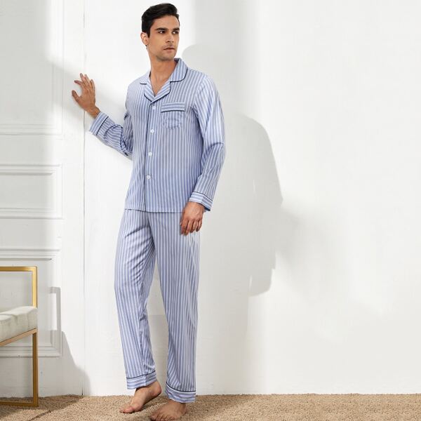 

Men Striped Lapel Neck PJ Set, Baby blue