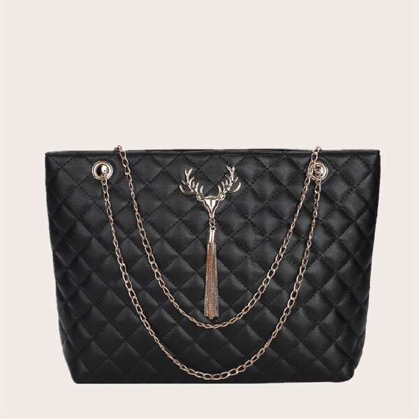 

Metal Tassel Charm Quilted Chain Tote Bag, Black
