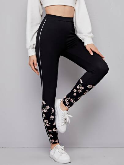 Contrast Piping Floral Print Leggings