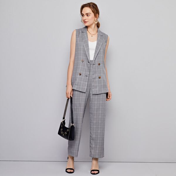 

Notched Collar Plaid Vest Blazer & Pants Set, Grey