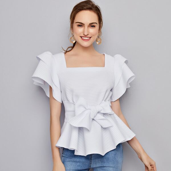 

Square Neck Ruffle Trim Self Belted Top, White