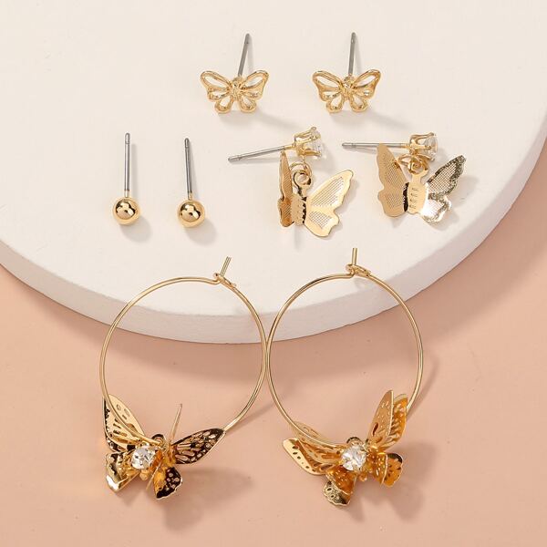 

4pairs Butterfly Design Earrings, Gold