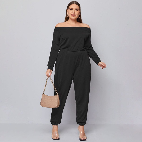 

Plus Solid Off The Shoulder Jumpsuit, Black