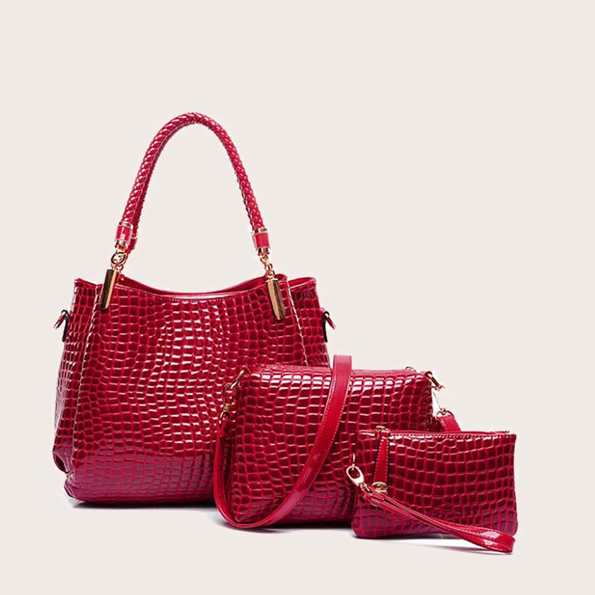

3pcs Textured Shoulder Tote Bag Set, Red