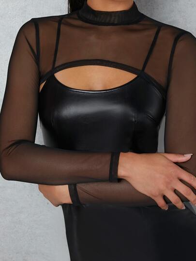 Super Crop Mesh Top mit Stehkragen