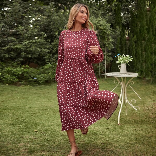 

All Over Floral Print Lettuce Trim Smock Dress, Burgundy