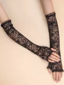 Floral Lace Long Gloves - Black - View 1