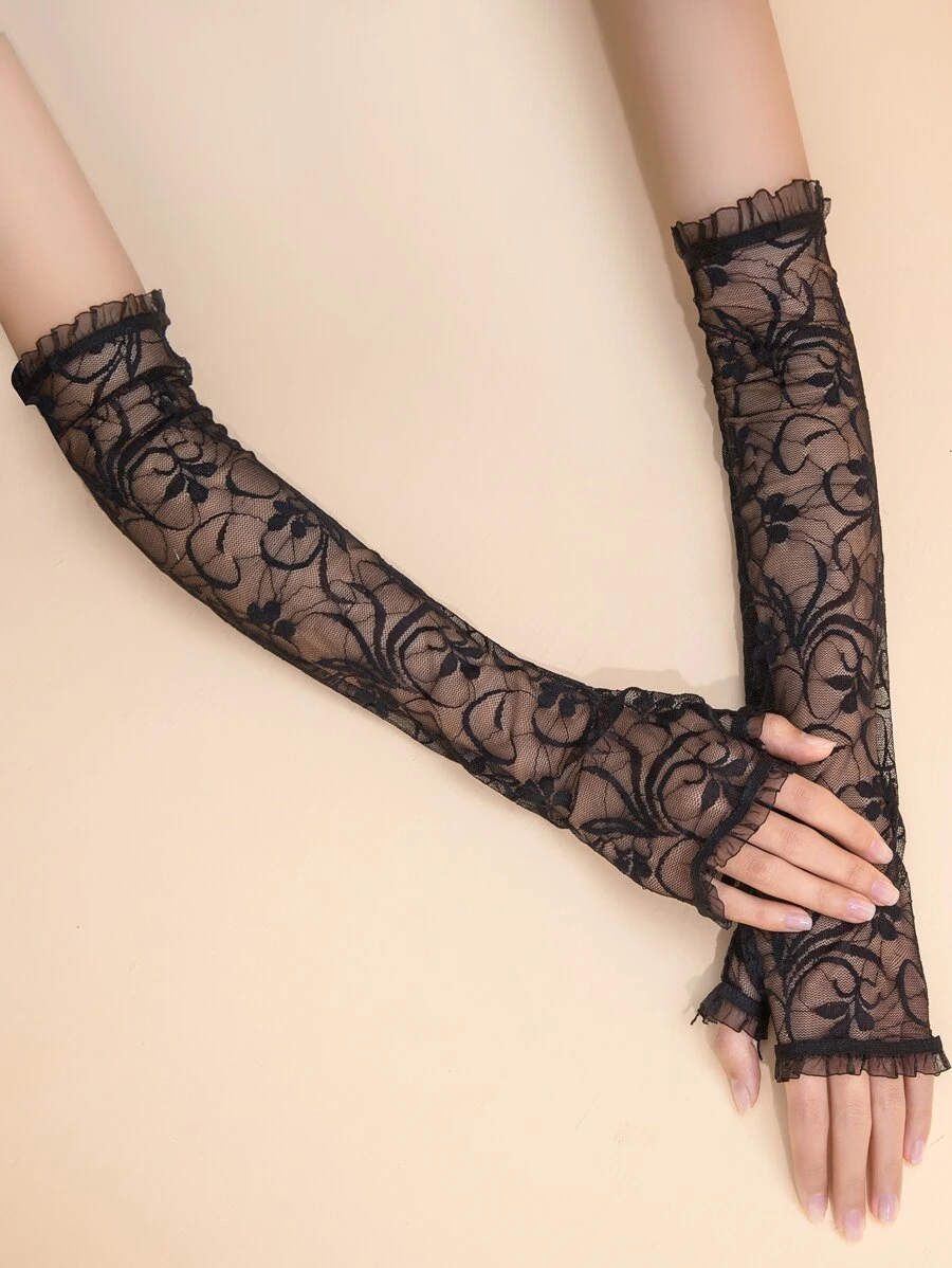 Floral Lace Long Gloves - Black - View 1