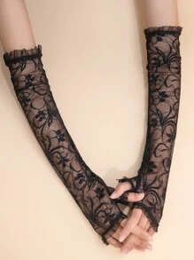 Floral Lace Long Gloves - Black - View 2