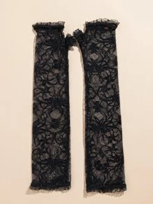 Floral Lace Long Gloves - Black - View 4