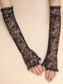 Floral Lace Long Gloves - Black - View 5