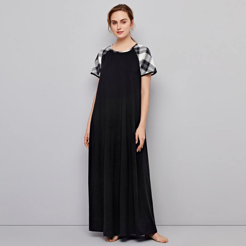 

Plaid Raglan Sleeve Nightdress, Black