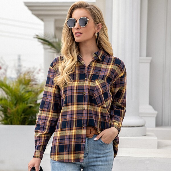 

Plaid Print Button Front Blouse, Multicolor