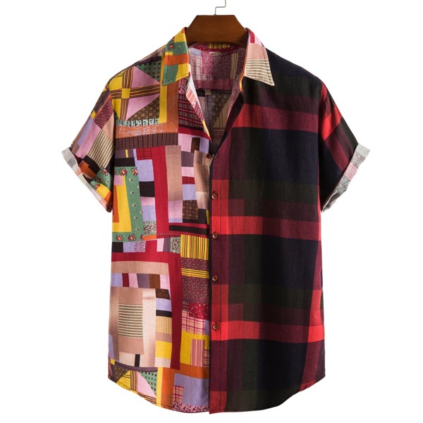 

Men Patchwork And Gingham Print Linen Shirt, Multicolor