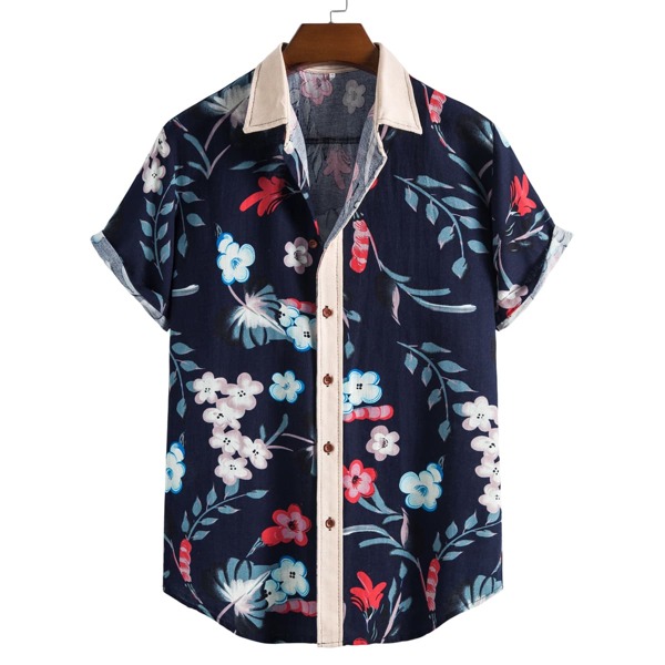 

Men Button Front Allover Floral Print Linen Shirt, Navy blue