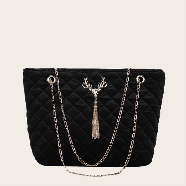 

Metal Tassel Charm Quilted Chain Tote Bag, Black