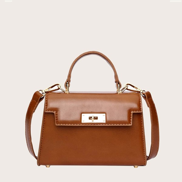 

Plain Metal Lock Satchel Bag, Brown