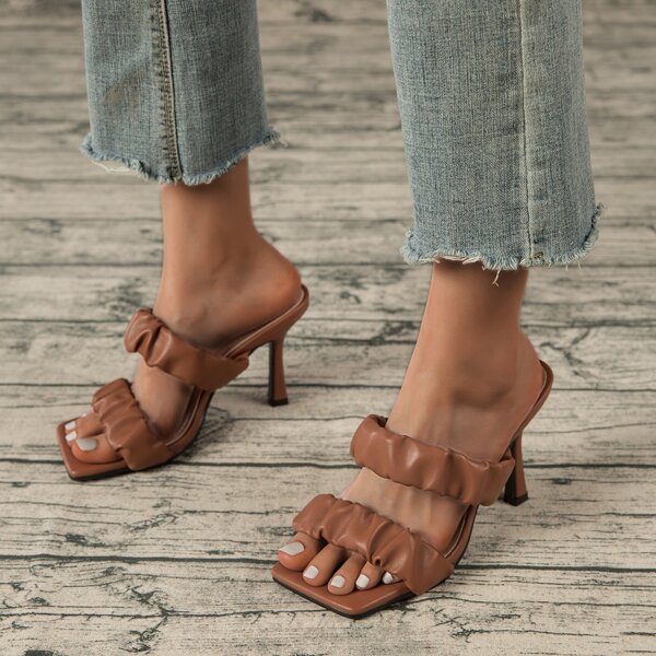 

Double Ruched Strap Stiletto Heeled Mules, Brown