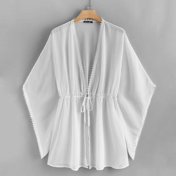 

Plus Tie Front Lace Trim Sheer Kimono, White