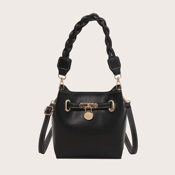 

Metal Decor Bucket Bag With Inner Pouch, Black