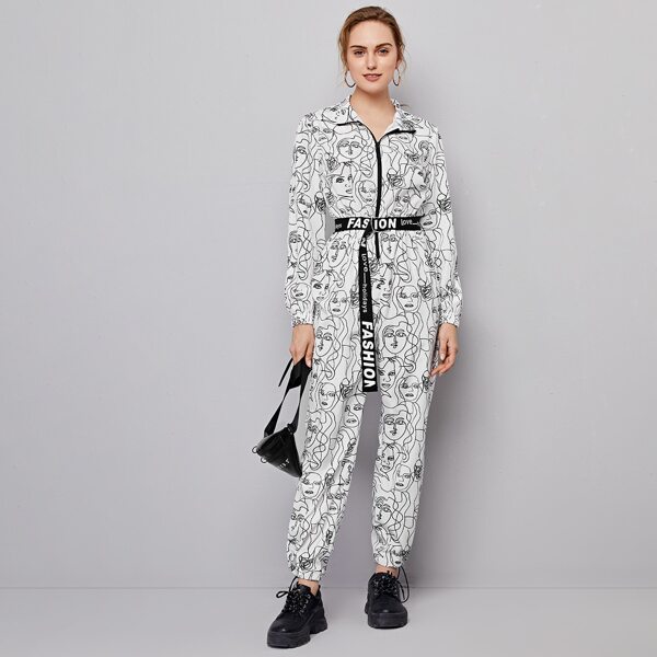 

Collared Zip Up Figure Graphic Jumpsuit With Belt, Black and white
