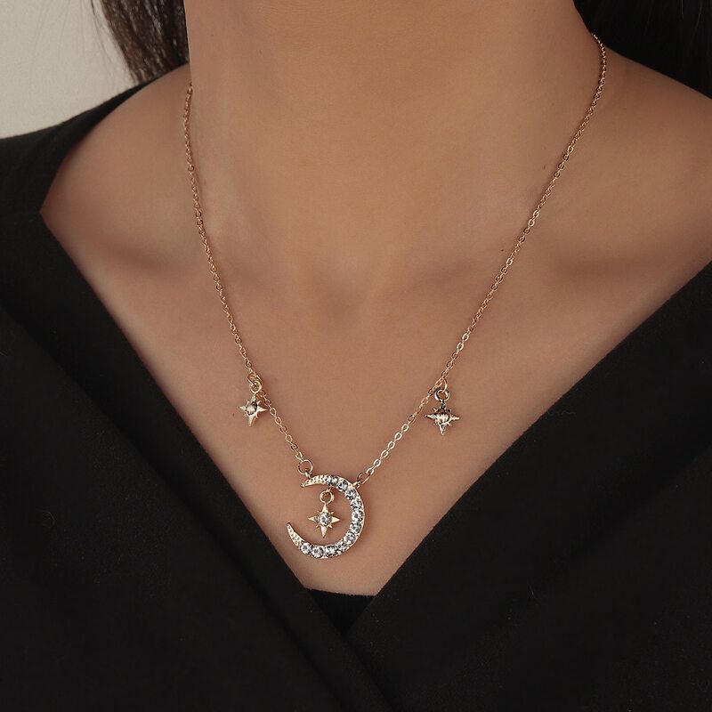 

Rhinestone Moon Pendant Chain Necklace, Gold