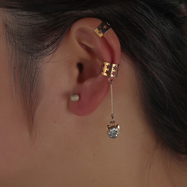 

3pcs Hollow Out Star Decor Earrings, Gold