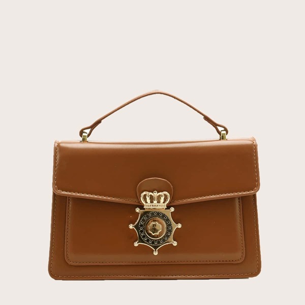 

Metal Decor Flap Satchel Bag, Brown