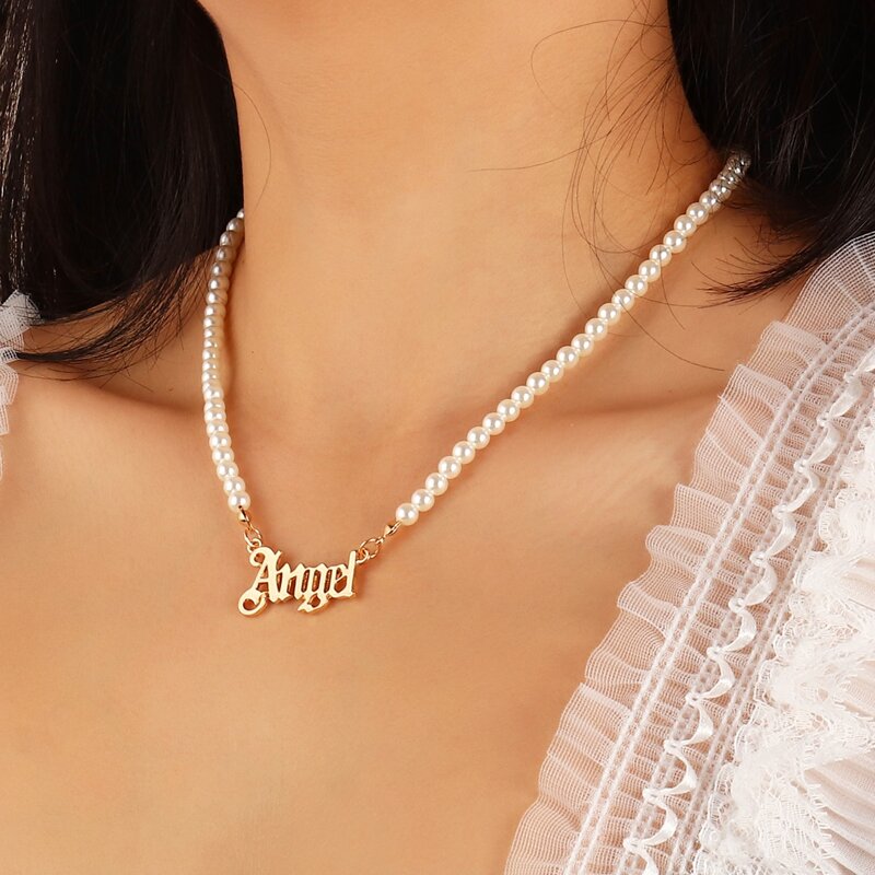 

Letter Charm Faux Pearl Necklace, White