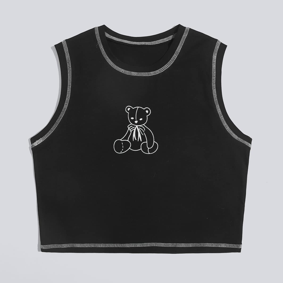 

Contrast Stitching Bear Graphic Tank Top, Black