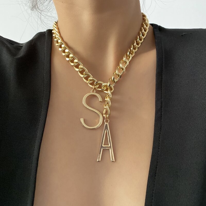 

Letter Pendant Chunky Chain Necklace, Gold