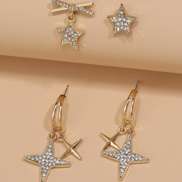 

2pairs Rhinestone Decor Star Design Earrings, Gold