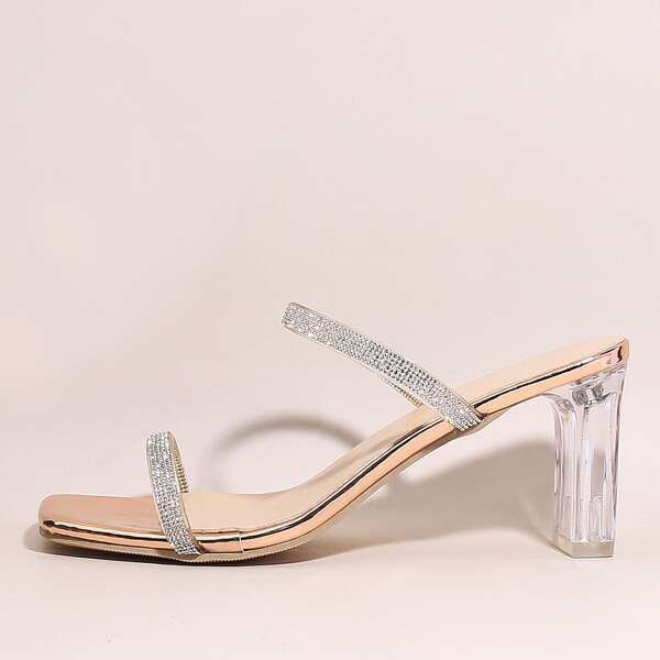 

Rhinestone Decor Clear Heeled Mule Sandals, Gold
