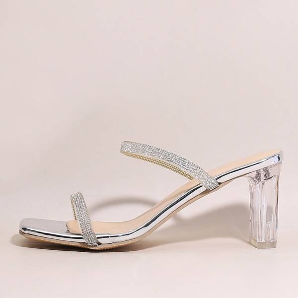

Rhinestone Decor Clear Heeled Mule Sandals, Silver