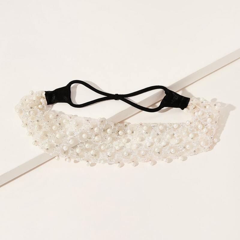 

Faux Pearl Overlay Headband, White