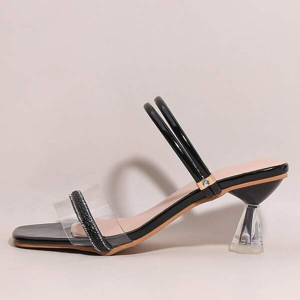 

Rhinestone Decor Clear Heeled Two Way Wear Sandals, Black