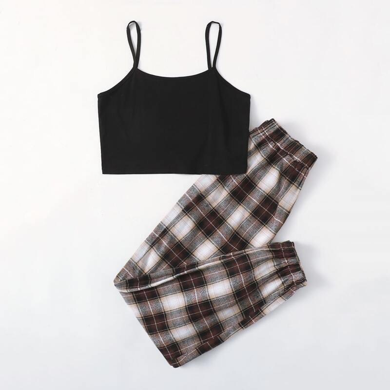 

Solid Crop Cami & Plaid Pants, Multicolor
