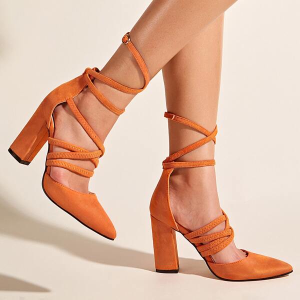 

Point Toe Cross Strap Chunky Heels, Burnt orange