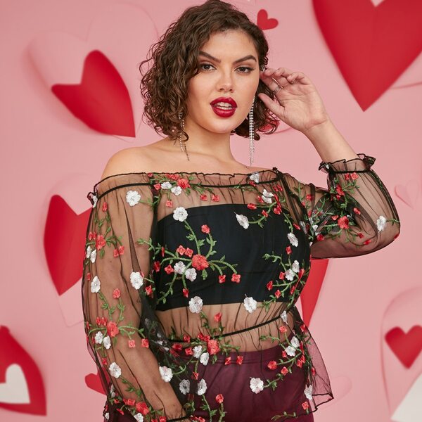 

Plus Floral Embroidered Mesh Bardot Top Without Bra, Black