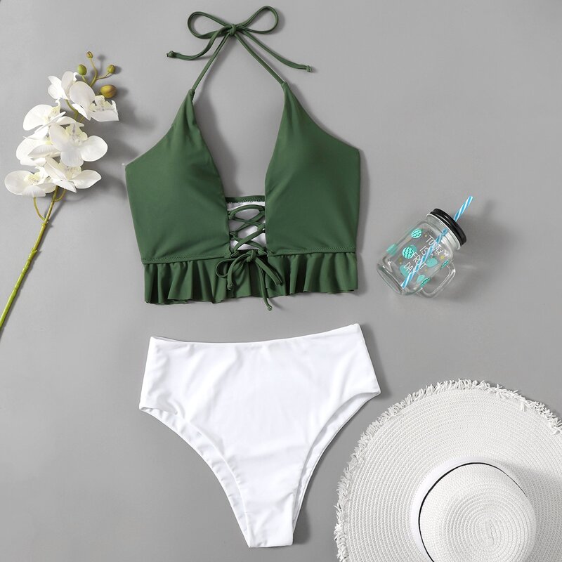 

Lace Up Mismatched Bikini Swimsuit, Multicolor