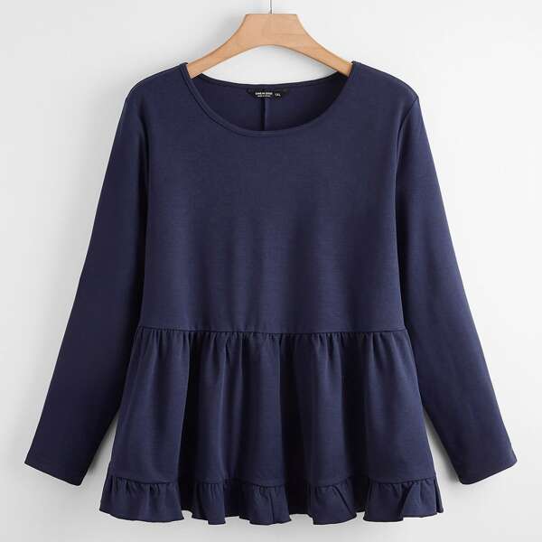 

Plus Ruffle Hem Babydoll Blouse, Navy blue