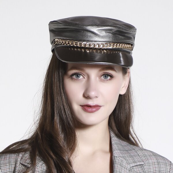 

Chain Decor PU Bakerboy Cap, Silver